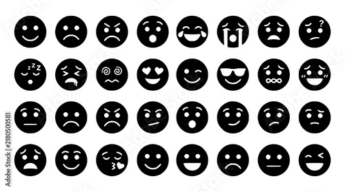 Black Emotion Icon Set with Minimal Human Facial Expressions Vector Collection