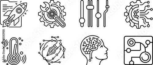Technology Innovation and Digital Engineering Outline Icons Collection