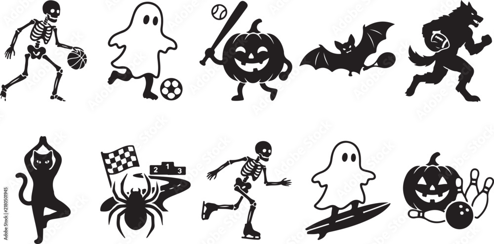 Obraz premium Halloween character silhouettes engaged in sports activities including a skeleton playing basketball, a ghost surfing, and a pumpkin playing baseball