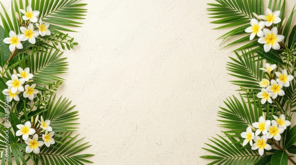 Obraz premium Beautiful tropical frame made of green palm leaves and white frangipani flowers for summer greeting cards and wedding invitations