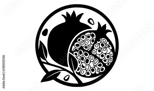 Circular pomegranate emblem vector icon with bold black silhouette fruit shape and leaf for organic product labels