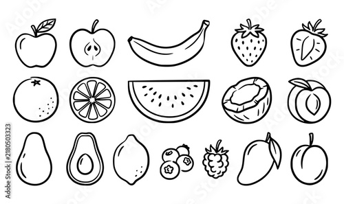 Mid century modern fruits doodle vector set with simple black ink brush sketch icons for kitchen art