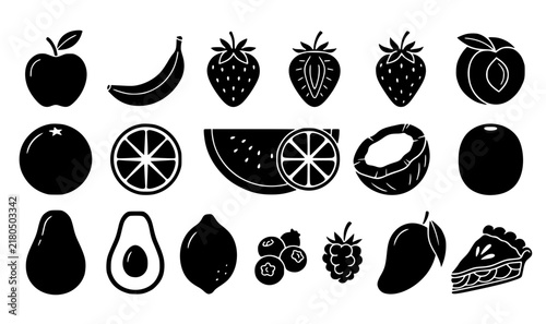 Fresh fruit and sweet pie solid glyph icon pack with black silhouette food shapes for product labels
