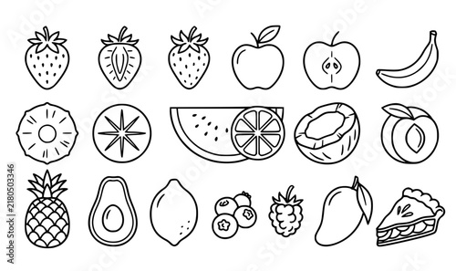 Minimalist fruit and berry line art vector set with fine black stroke food icons for infographic web