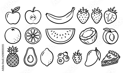 Fresh fruits and bakery vector icon set with bold black outline sticker designs for recipe websites