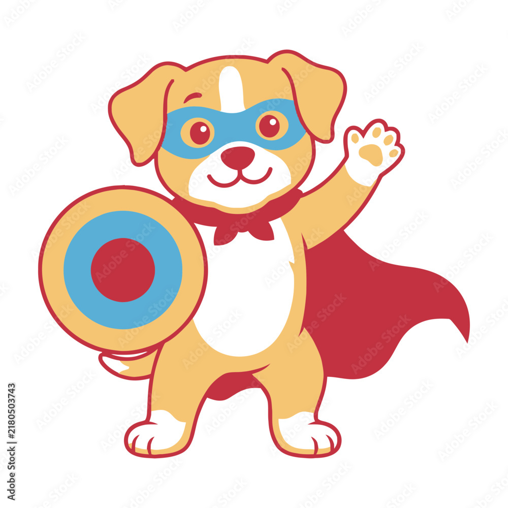 Obraz premium Cute dog superhero wearing mask and cape holding shield cartoon character