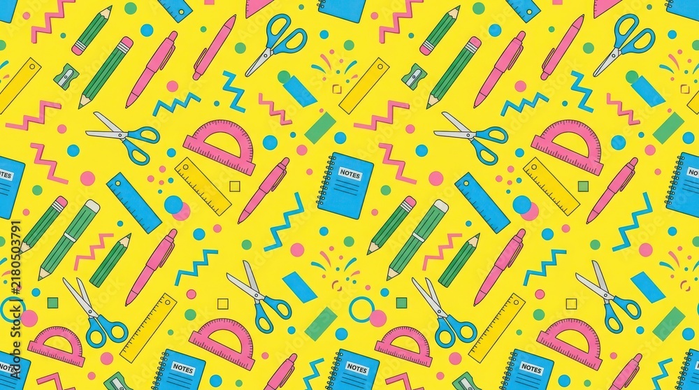 Seamless pattern with school supplies like pencils pens scissors and notebooks on a bright yellow background for education design