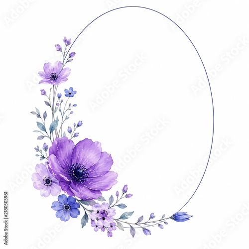 Elegant Purple Watercolor Floral Oval Frame with Delicate Botanical Flowers and White Copy Space
