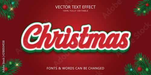 Christmas editable text effect, Merry christmas red background with pine branches ornaments, Vector illustration