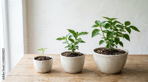 Three potted plants showing growth stages from small seedling to mature bush on wooden table near window, symbolizing organic development, sustainability, nature conservation