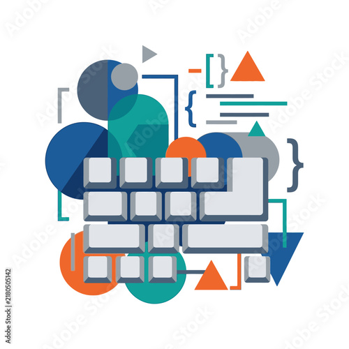 Modern computer keyboard and abstract digital geometric shapes composition