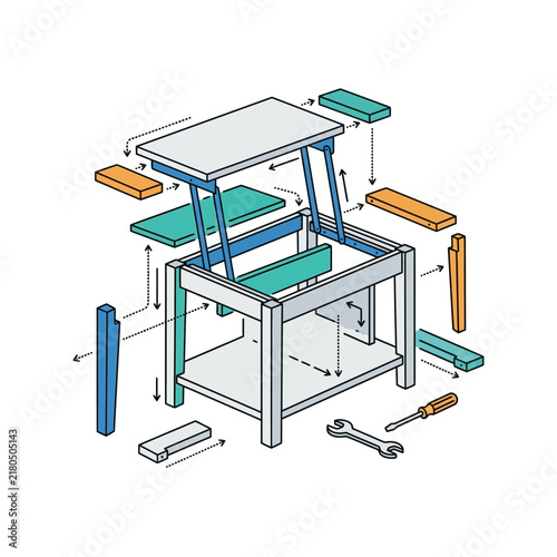 Modern coffee table assembly instructions with technical parts diagram