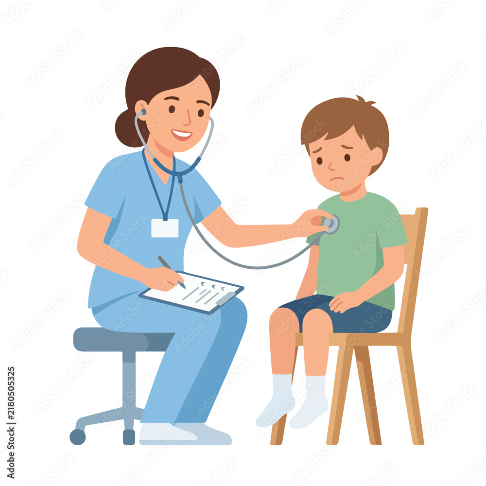 Obraz premium A female doctor in blue scrubs examines a young boy with a stethoscope while taking notes on a clipboard in a clinic.