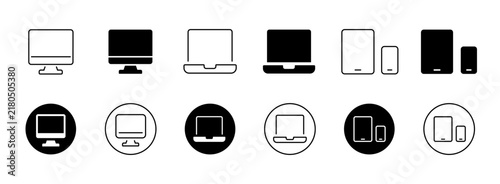 Computer electronic devices vector icon set. Desktop monitor, laptop, tablet, and smartphone screen symbols in line art, solid black, and circle badge styles. Responsive design concept vectors.
