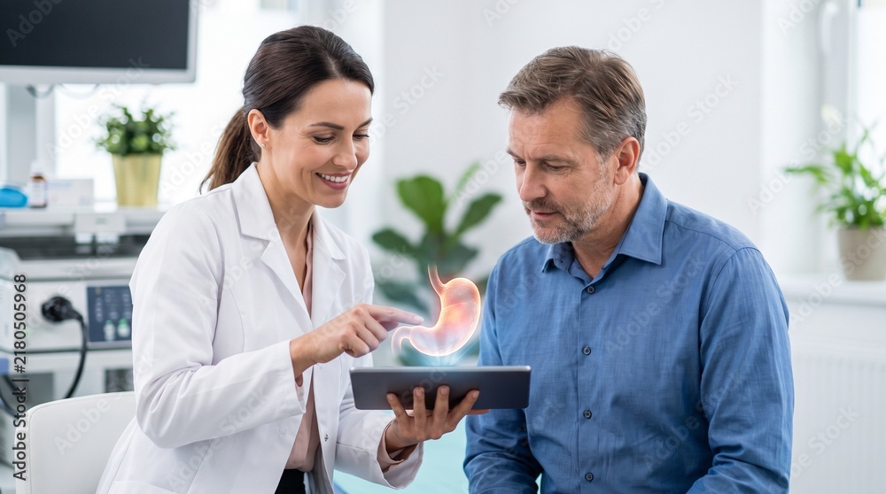 Obraz premium Female gastroenterologist explaining a digital 3D stomach model on a tablet to a male patient