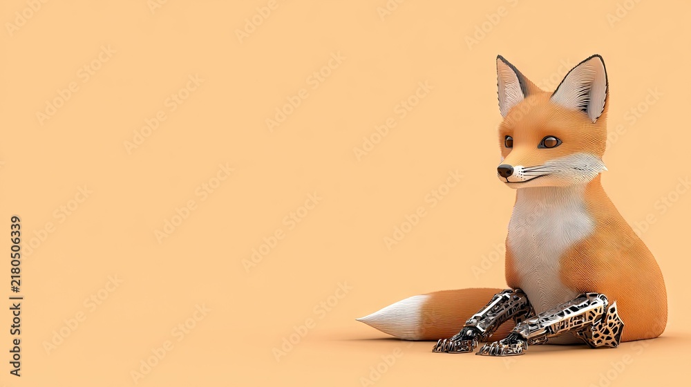 Obraz premium A charming baby fox robot in a cyberpunk design showcases vibrant orange and silver colors, standing confidently in a futuristic setting