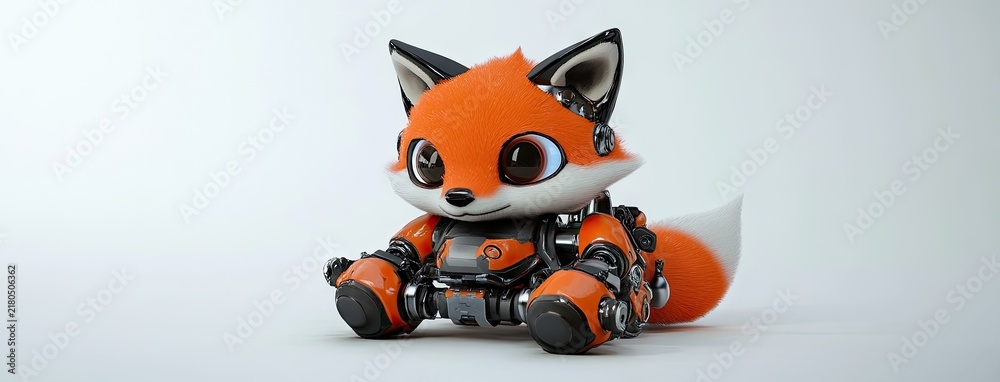 Obraz premium A charming baby fox robot in a cyberpunk design showcases vibrant orange and silver colors, standing confidently in a futuristic setting