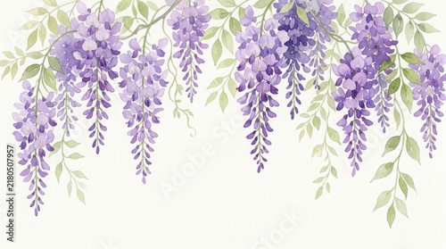 Beautiful watercolor wisteria flower branch hanging border with purple blossoms and green leaves for elegant spring design