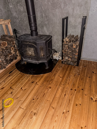 Siberian Husky Dog Resting Beside a Wood Burning Stove