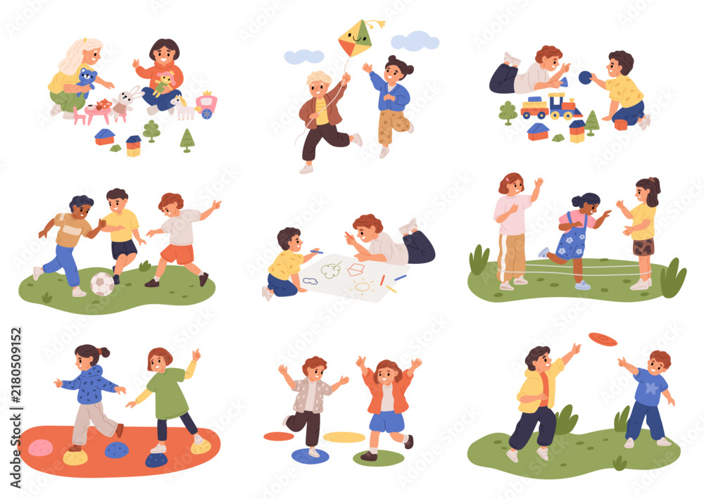 Fototapeta premium Cute children playing outside. Group games for kids. Hopscotch and soccer. Energetic boys and girls fun. Little friends launch kites. Toy blocks and train. Leisure activities vector set