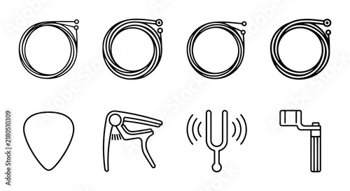 Bild auf Leinwand Guitar Accessories Set: Strings, Pick, Capo, Tuner, Winder Icons