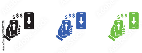 Mobile money transfer and financial payment icons in three colors with icon set