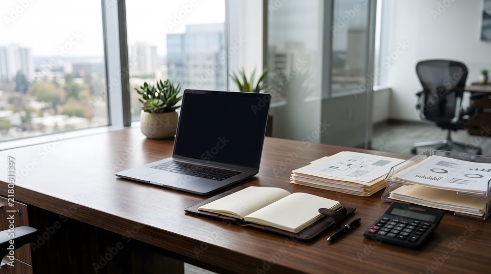 Fototapeta premium Clean modern corporate office desk with laptop, financial documents, open notebook, calculator, and city view through a large window