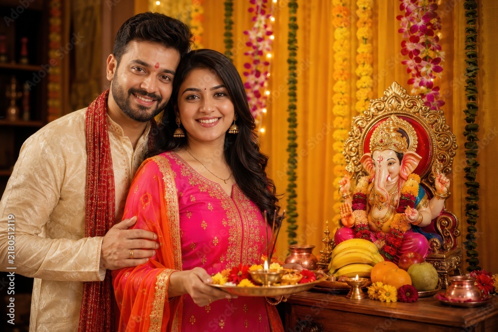 Fototapeta premium A happy Indian couple celebrating the Lord Ganesha festival together with joy, devotion, and traditional festive decorations.