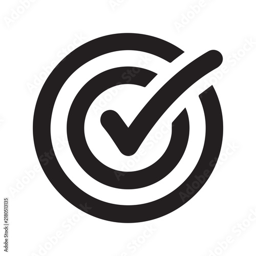 Check mark icon inside circle target, correct symbol vector design for success, approval, and task completion