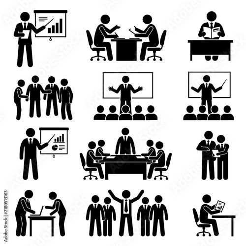 Business Meeting and Professional Presentation Stick Figure Icons