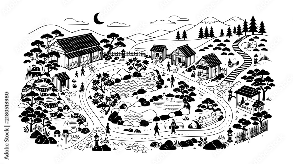 Fototapeta premium Japanese Village Illustration: Traditional Houses, Zen Garden, and Mountain Landscape