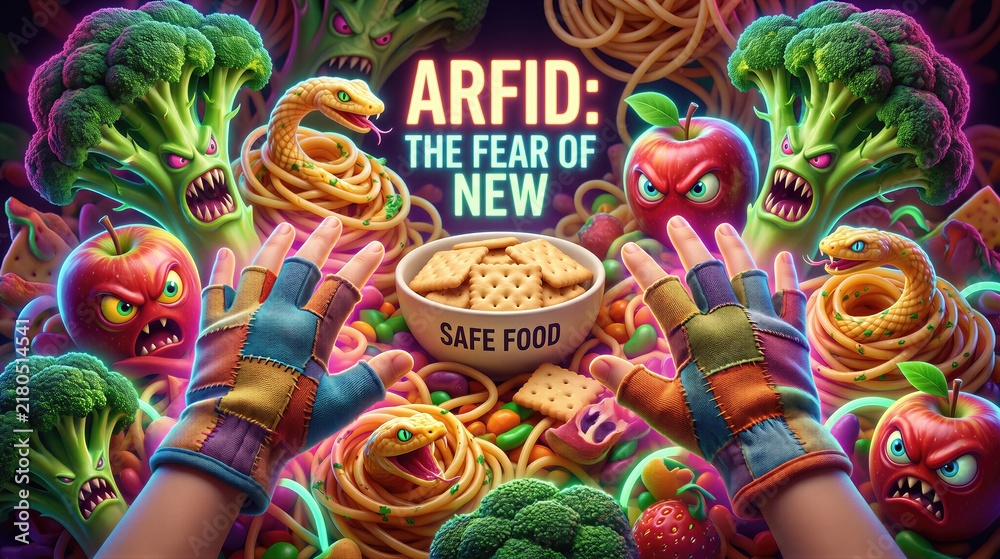 Obraz premium Arfid awareness concept with child hands reaching for safe food bowl. Scary vegetables and snakes surrounding healthy diet. Psychological eating disorder and sensory aversion illustration.