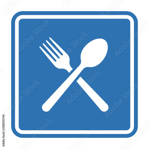 Restaurant Sign Icon Crossed Fork and Spoon Symbol on Blue Square Background
