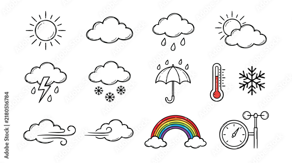 Obraz premium Weather icons set with sunny and rainy illustrations