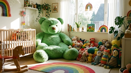 Cozy nursery interior featuring a large green teddy bear surrounded by colorful stuffed animals and children toys