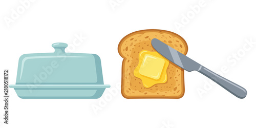 Crispy Toast Bread with Melting Butter Dish and Knife Vector IllustrationCrispy Toast Bread with Melting Butter Dish and Knife Vector Illustration