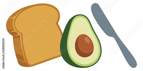 Slice of Toast Bread with Fresh Avocado and Butter Knife VectorSlice of Toast Bread with Fresh Avocado and Butter Knife Vector