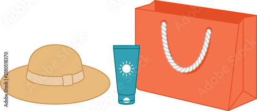 Summer Beach Accessories with Straw Hat Sunscreen and Tote Bag Vector IllustrationSummer Beach Accessories with Straw Hat Sunscreen and Tote Bag Vector Illustration