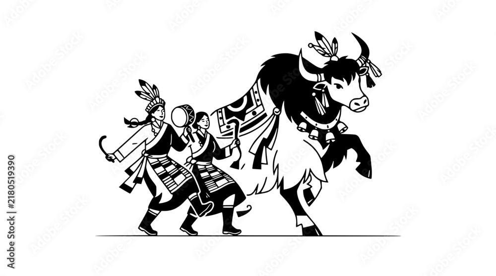 Fototapeta premium Tibetan people in traditional dress leading a decorated yak, cultural illustration
