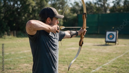 Man practicing archery outdoors, aiming a bow at a target
