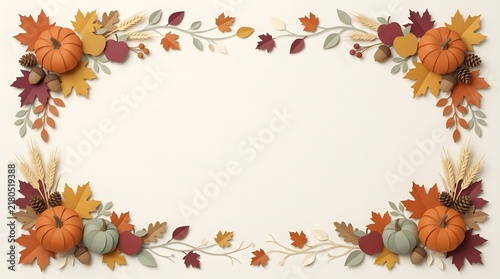 Autumn harvest frame with pumpkins maple leaves wheat and acorns on a neutral background