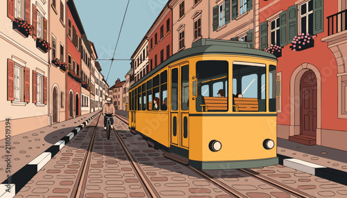 Vintage Yellow Tram on Narrow Old Town Street, Flat Vector Timeless Historic Public Transport Illustration