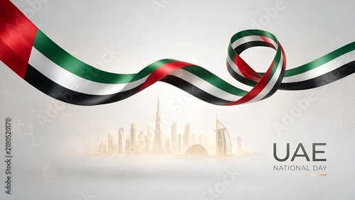 Wavy ribbon featuring vibrant colors of United Arab Emirates flag floating elegantly above a detailed blurry silhouette of the famous Dubai city skyline during daylight celebration