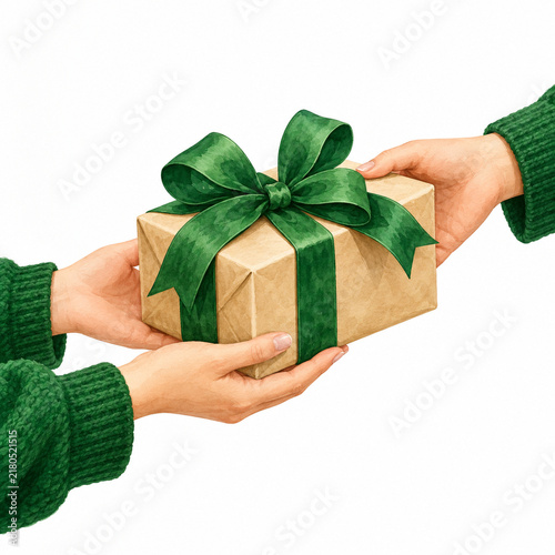 Hands Exchanging Kraft Paper Gift Box with Green Ribbon Bow in Watercolor Style on White Background
