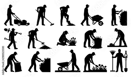 Black Gardener and Garden Tools Silhouette Vector Set on White