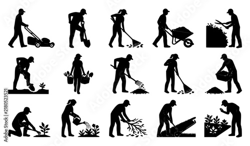 Black Gardener and Garden Tools Silhouette Vector Set on White