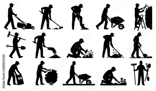 Landscaping Workers Using Lawn and Garden Tools Black Silhouette Collection