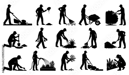 Landscaping Workers Using Lawn and Garden Tools Black Silhouette Collection