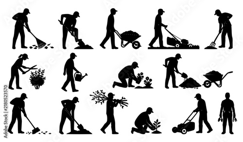 Gardeners and Lawn Maintenance Workers Black Silhouette Vector Pack