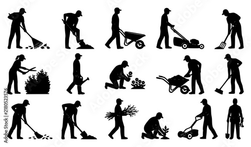 Gardeners and Lawn Maintenance Workers Black Silhouette Vector Pack
